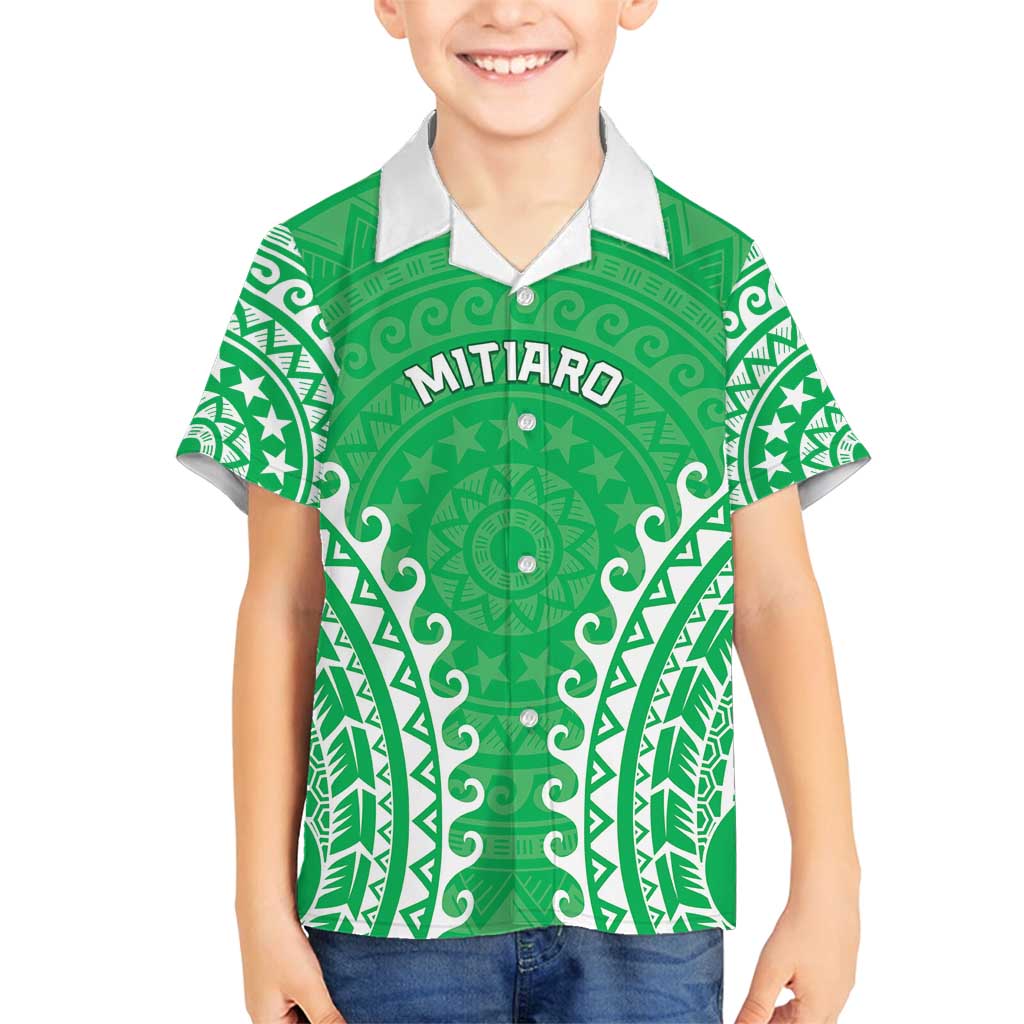Custom Cook Islands Mitiaro Family Matching Off Shoulder Maxi Dress and Hawaiian Shirt Polynesian Tribal Tattoo LT05 Son's Shirt Green - Polynesian Pride
