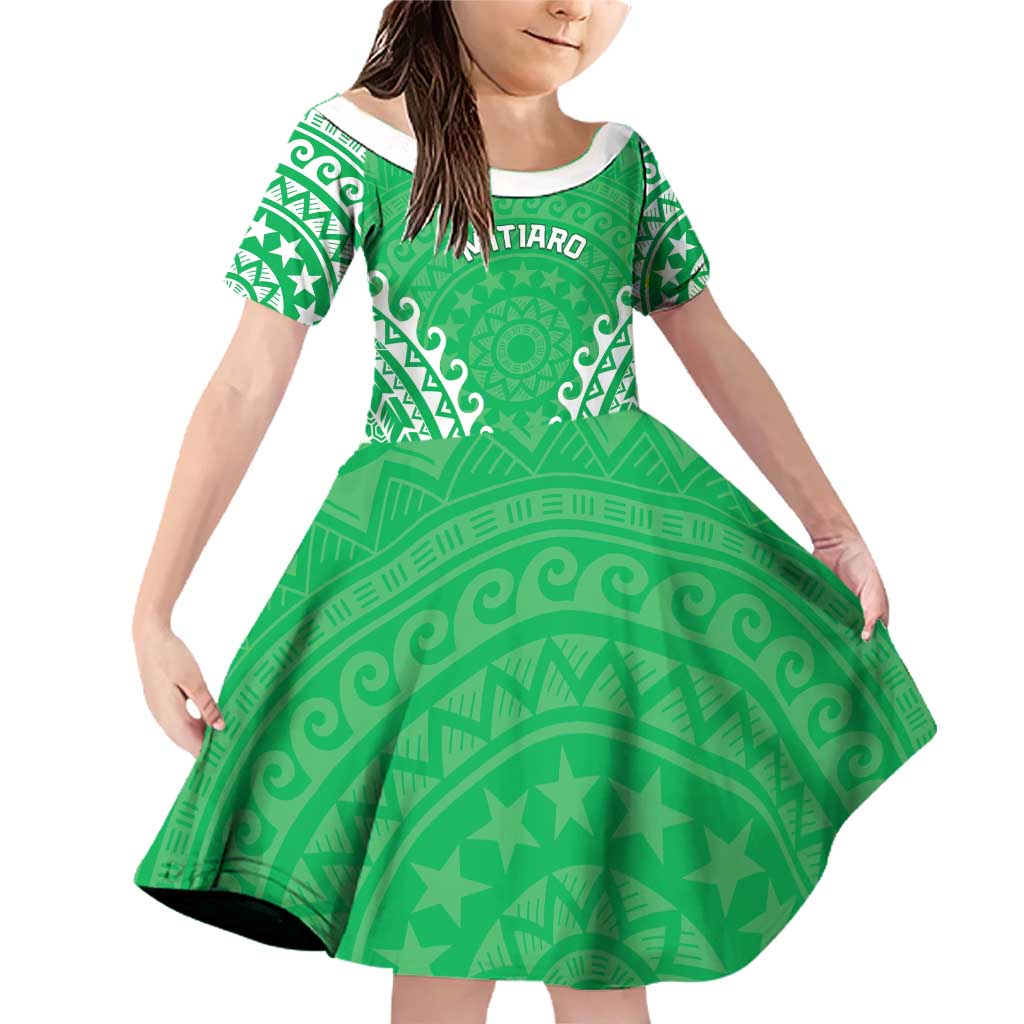 Custom Cook Islands Mitiaro Family Matching Off Shoulder Short Dress and Hawaiian Shirt Polynesian Tribal Tattoo LT05 Daughter's Dress Green - Polynesian Pride