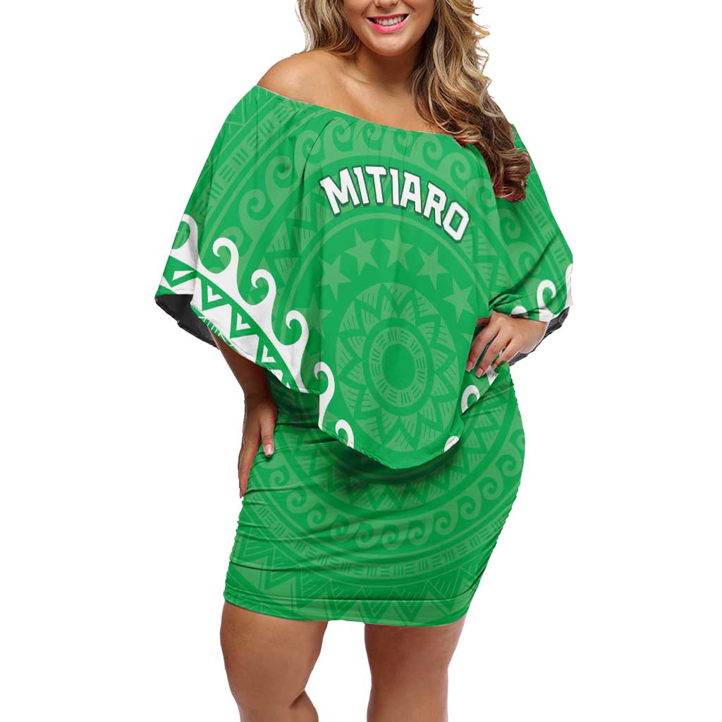 Custom Cook Islands Mitiaro Family Matching Off Shoulder Short Dress and Hawaiian Shirt Polynesian Tribal Tattoo LT05 Mom's Dress Green - Polynesian Pride