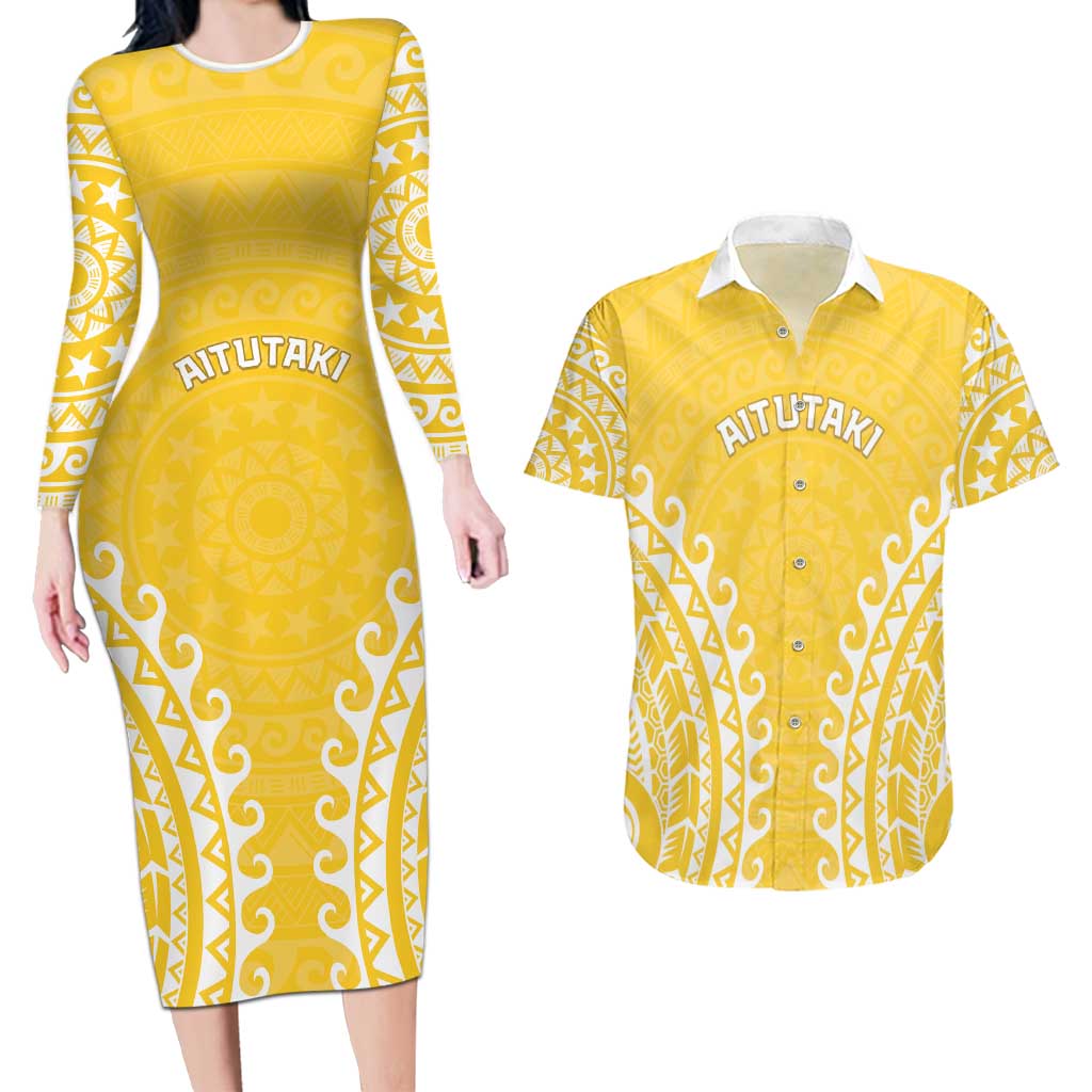 Custom Cook Islands Aitutaki Couples Matching Long Sleeve Bodycon Dress and Hawaiian Shirt Polynesian Tribal Tattoo LT05 Yellow - Polynesian Pride