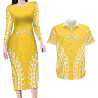 Custom Cook Islands Aitutaki Couples Matching Long Sleeve Bodycon Dress and Hawaiian Shirt Polynesian Tribal Tattoo LT05 Yellow - Polynesian Pride