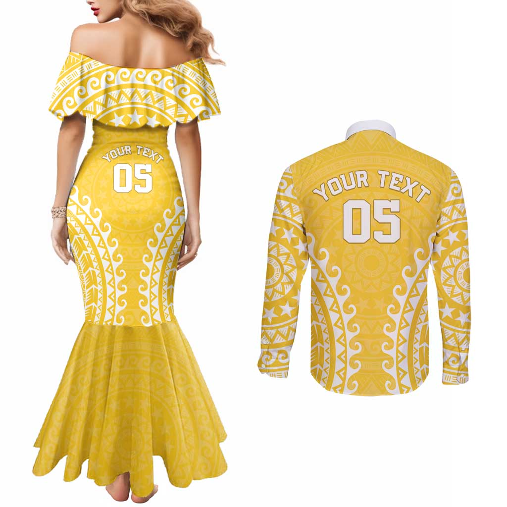 Custom Cook Islands Aitutaki Couples Matching Mermaid Dress and Long Sleeve Button Shirt Polynesian Tribal Tattoo