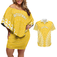 Custom Cook Islands Aitutaki Couples Matching Off Shoulder Short Dress and Hawaiian Shirt Polynesian Tribal Tattoo