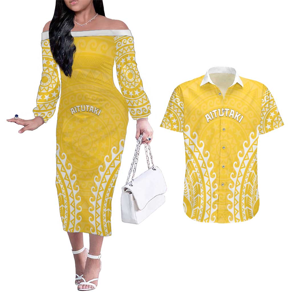 Custom Cook Islands Aitutaki Couples Matching Off The Shoulder Long Sleeve Dress and Hawaiian Shirt Polynesian Tribal Tattoo LT05 Yellow - Polynesian Pride