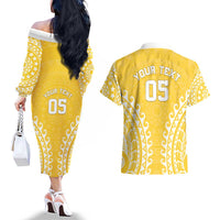 Custom Cook Islands Aitutaki Couples Matching Off The Shoulder Long Sleeve Dress and Hawaiian Shirt Polynesian Tribal Tattoo LT05 - Polynesian Pride