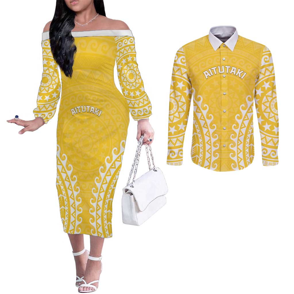Custom Cook Islands Aitutaki Couples Matching Off The Shoulder Long Sleeve Dress and Long Sleeve Button Shirt Polynesian Tribal Tattoo