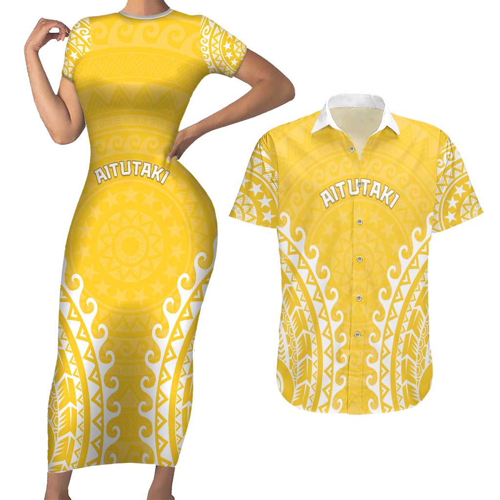 Custom Cook Islands Aitutaki Couples Matching Short Sleeve Bodycon Dress and Hawaiian Shirt Polynesian Tribal Tattoo LT05 Yellow - Polynesian Pride