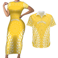 Custom Cook Islands Aitutaki Couples Matching Short Sleeve Bodycon Dress and Hawaiian Shirt Polynesian Tribal Tattoo LT05 Yellow - Polynesian Pride