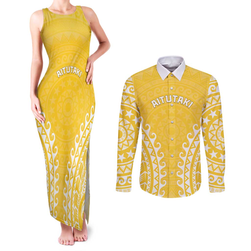 Custom Cook Islands Aitutaki Couples Matching Tank Maxi Dress and Long Sleeve Button Shirt Polynesian Tribal Tattoo