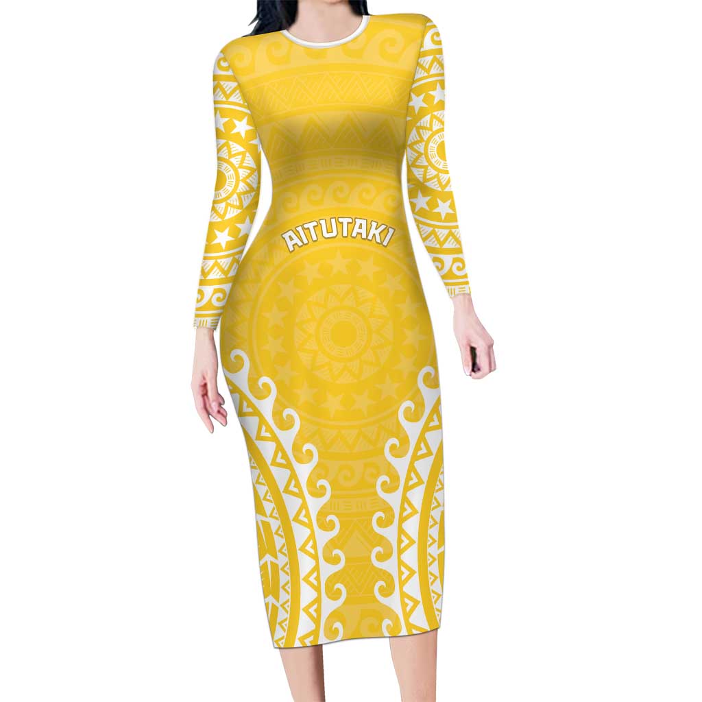 Custom Cook Islands Aitutaki Family Matching Long Sleeve Bodycon Dress and Hawaiian Shirt Polynesian Tribal Tattoo LT05 Mom's Dress Yellow - Polynesian Pride