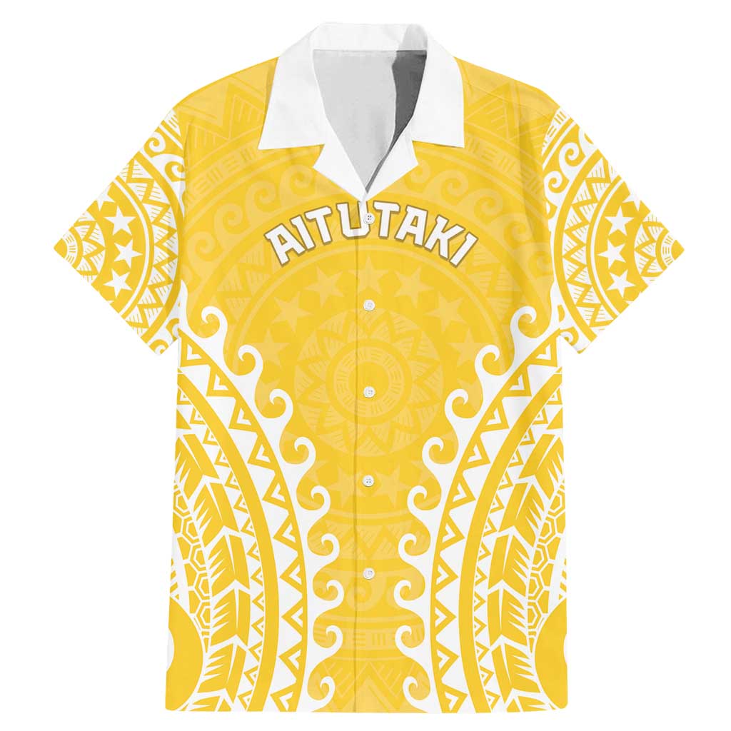 Custom Cook Islands Aitutaki Family Matching Mermaid Dress and Hawaiian Shirt Polynesian Tribal Tattoo LT05 Dad's Shirt - Short Sleeve Yellow - Polynesian Pride