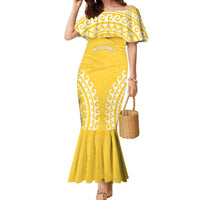 Custom Cook Islands Aitutaki Family Matching Mermaid Dress and Hawaiian Shirt Polynesian Tribal Tattoo LT05 Mom's Dress Yellow - Polynesian Pride