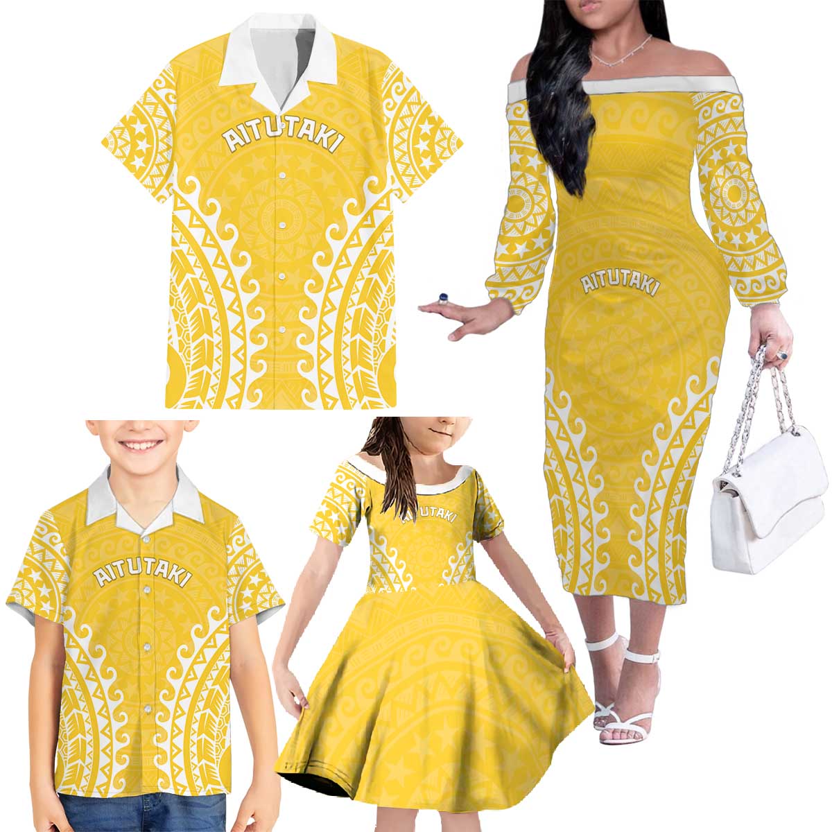 Custom Cook Islands Aitutaki Family Matching Off The Shoulder Long Sleeve Dress and Hawaiian Shirt Polynesian Tribal Tattoo