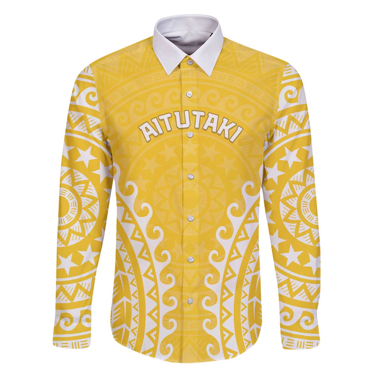 Custom Cook Islands Aitutaki Family Matching Off The Shoulder Long Sleeve Dress and Hawaiian Shirt Polynesian Tribal Tattoo LT05 Dad's Shirt - Long Sleeve Yellow - Polynesian Pride