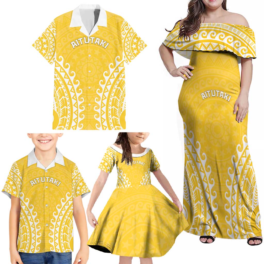 Custom Cook Islands Aitutaki Family Matching Off Shoulder Maxi Dress and Hawaiian Shirt Polynesian Tribal Tattoo