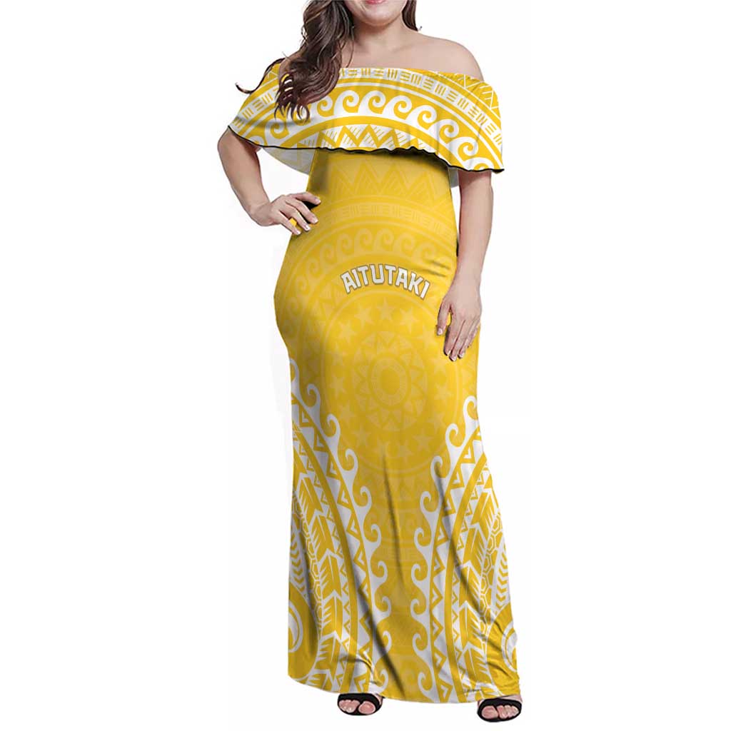 Custom Cook Islands Aitutaki Family Matching Off Shoulder Maxi Dress and Hawaiian Shirt Polynesian Tribal Tattoo LT05 Mom's Dress Yellow - Polynesian Pride
