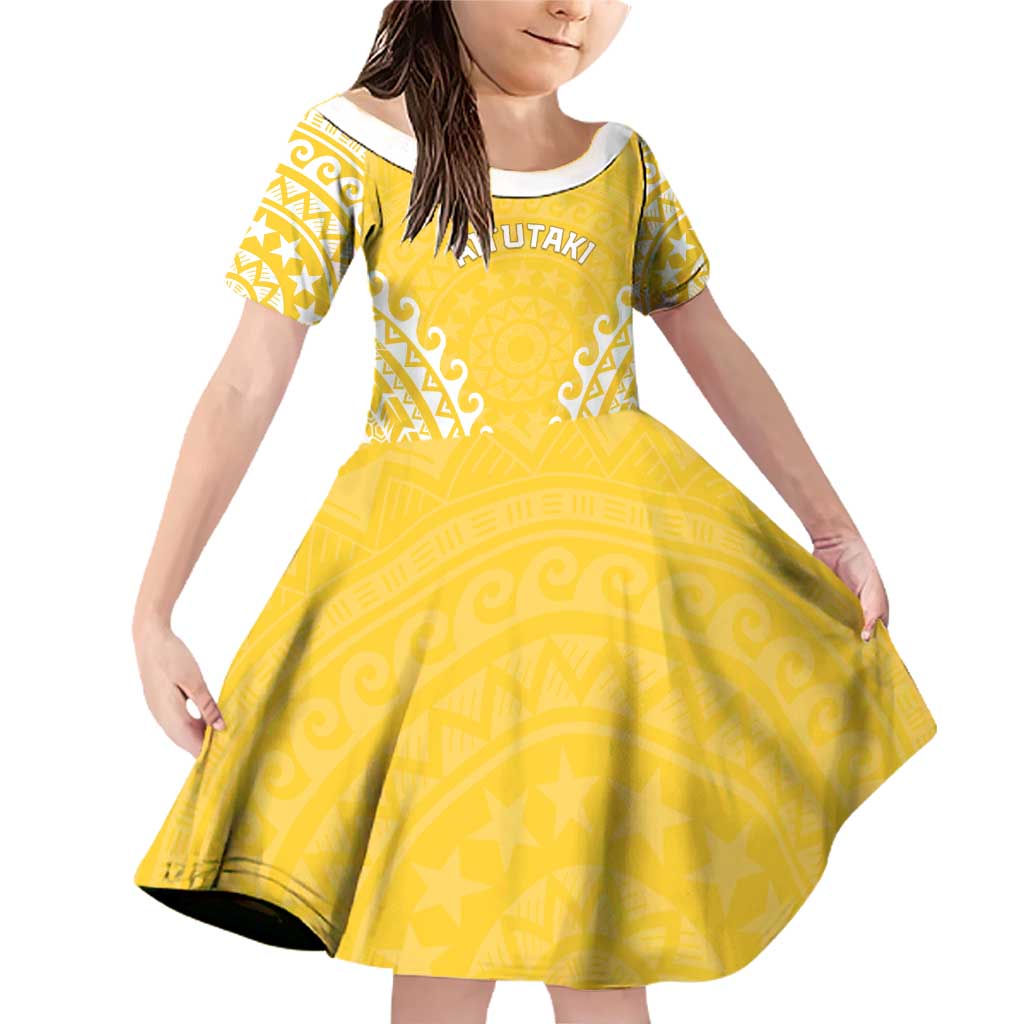 Custom Cook Islands Aitutaki Family Matching Off Shoulder Short Dress and Hawaiian Shirt Polynesian Tribal Tattoo LT05 Daughter's Dress Yellow - Polynesian Pride