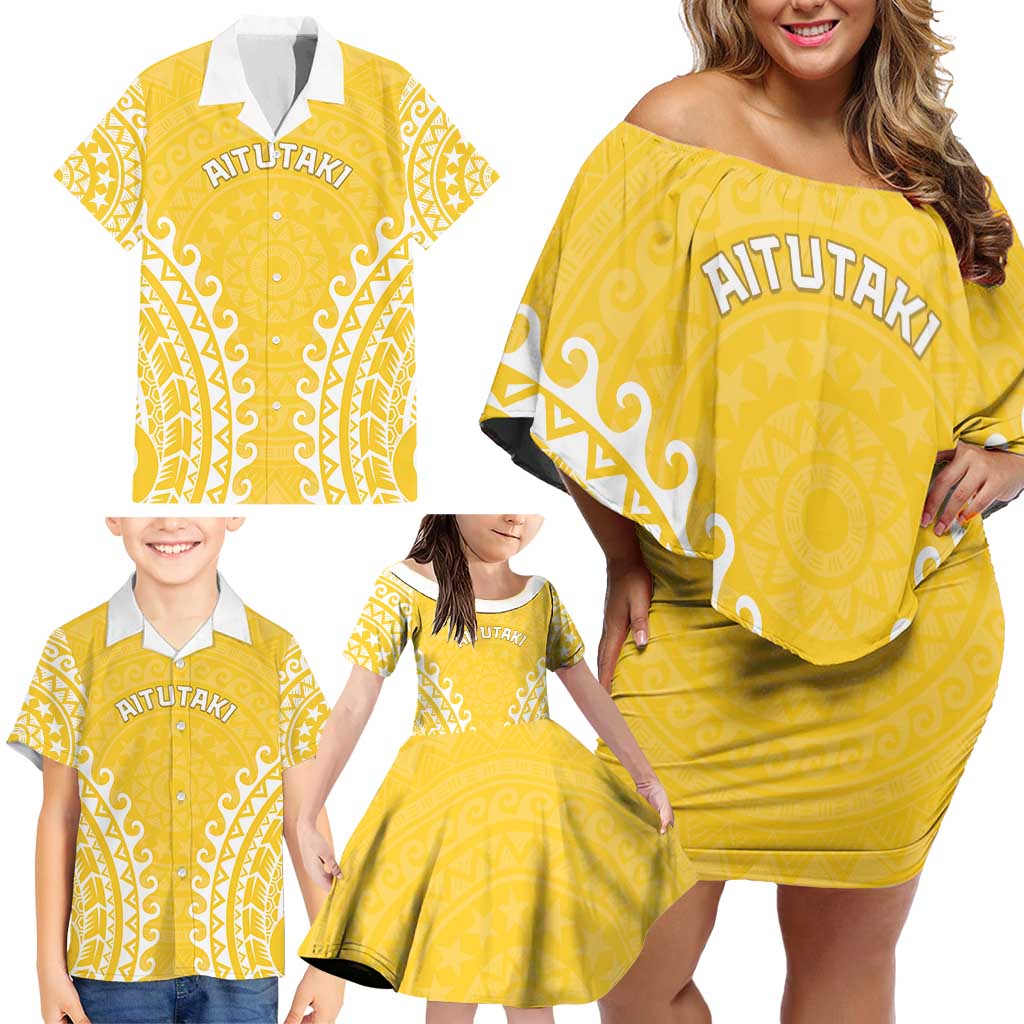 Custom Cook Islands Aitutaki Family Matching Off Shoulder Short Dress and Hawaiian Shirt Polynesian Tribal Tattoo LT05 - Polynesian Pride