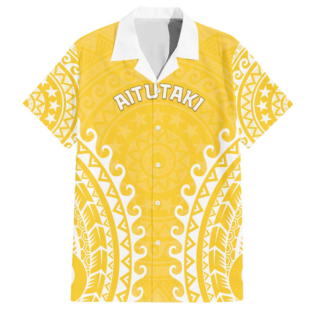 Custom Cook Islands Aitutaki Family Matching Short Sleeve Bodycon Dress and Hawaiian Shirt Polynesian Tribal Tattoo LT05 Dad's Shirt - Short Sleeve Yellow - Polynesian Pride