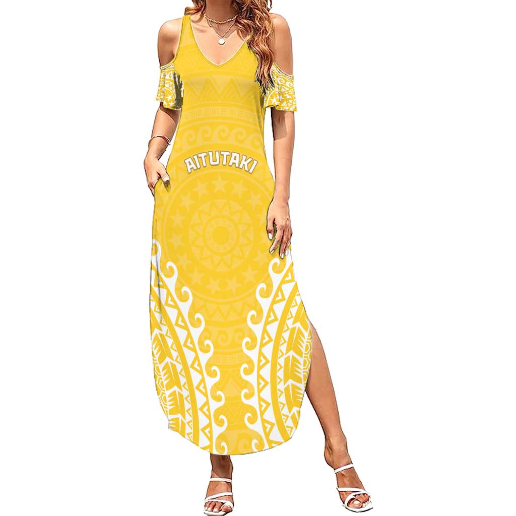 Custom Cook Islands Aitutaki Family Matching Summer Maxi Dress and Hawaiian Shirt Polynesian Tribal Tattoo LT05 Mom's Dress Yellow - Polynesian Pride