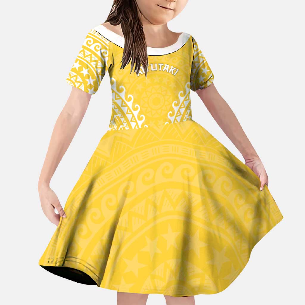 Custom Cook Islands Aitutaki Family Matching Tank Maxi Dress and Hawaiian Shirt Polynesian Tribal Tattoo LT05 Daughter's Dress Yellow - Polynesian Pride