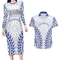 Custom Cook Islands Palmerston Couples Matching Long Sleeve Bodycon Dress and Hawaiian Shirt Polynesian Tribal Tattoo LT05 Navy - Polynesian Pride
