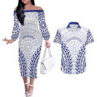 Custom Cook Islands Palmerston Couples Matching Off The Shoulder Long Sleeve Dress and Hawaiian Shirt Polynesian Tribal Tattoo LT05 Navy - Polynesian Pride
