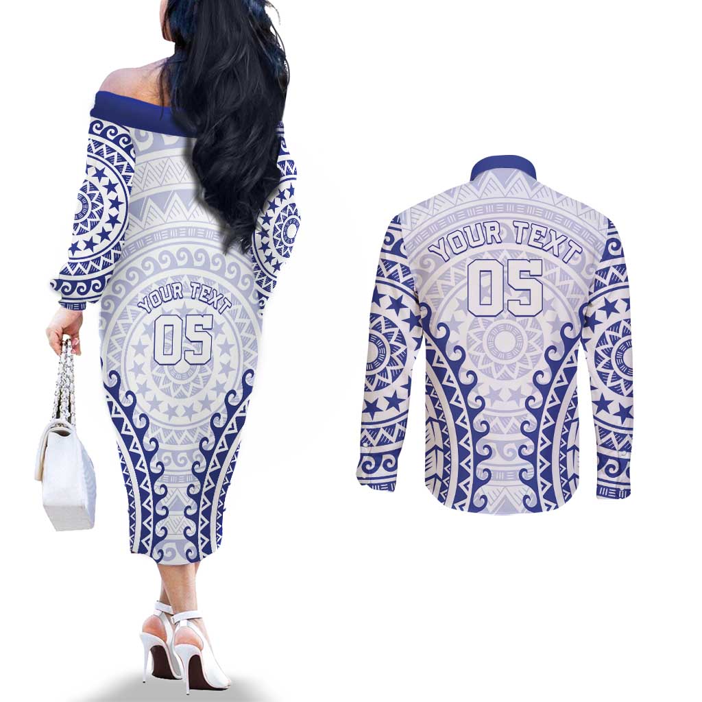 Custom Cook Islands Palmerston Couples Matching Off The Shoulder Long Sleeve Dress and Long Sleeve Button Shirt Polynesian Tribal Tattoo