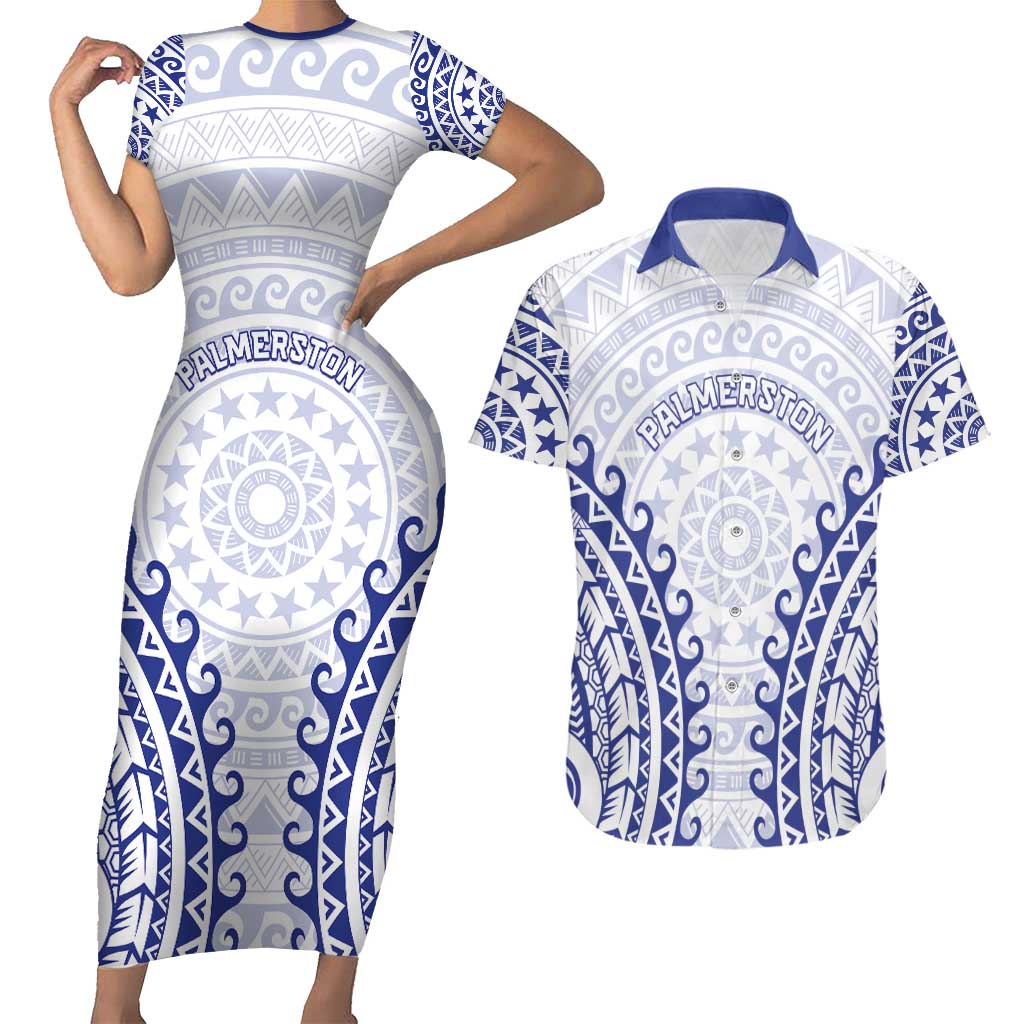 Custom Cook Islands Palmerston Couples Matching Short Sleeve Bodycon Dress and Hawaiian Shirt Polynesian Tribal Tattoo LT05 Navy - Polynesian Pride