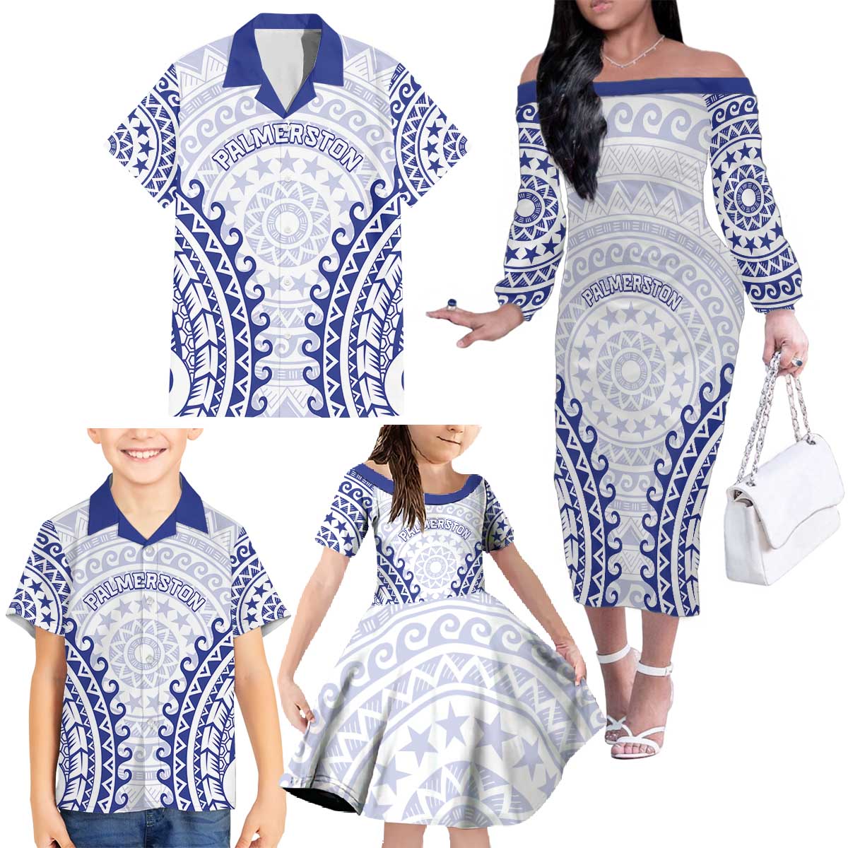 Custom Cook Islands Palmerston Family Matching Off The Shoulder Long Sleeve Dress and Hawaiian Shirt Polynesian Tribal Tattoo LT05 - Polynesian Pride