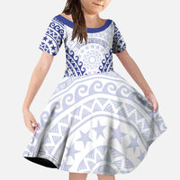 Custom Cook Islands Palmerston Family Matching Off Shoulder Maxi Dress and Hawaiian Shirt Polynesian Tribal Tattoo LT05 Daughter's Dress Navy - Polynesian Pride