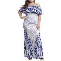 Custom Cook Islands Palmerston Family Matching Off Shoulder Maxi Dress and Hawaiian Shirt Polynesian Tribal Tattoo LT05 Mom's Dress Navy - Polynesian Pride