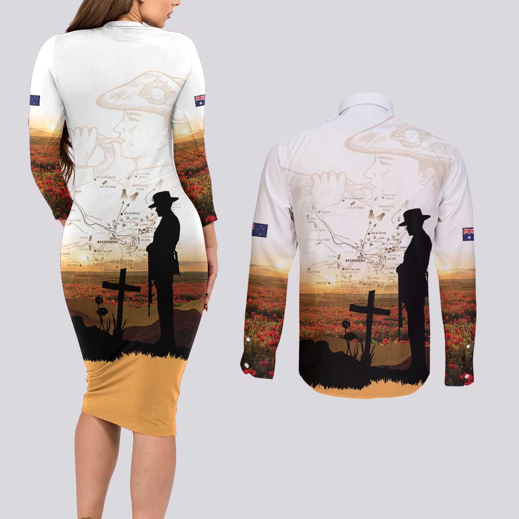Australia And New Zealand ANZAC Day Couples Matching Long Sleeve Bodycon Dress and Long Sleeve Button Shirt Battle Of Beersheba LT05 - Polynesian Pride