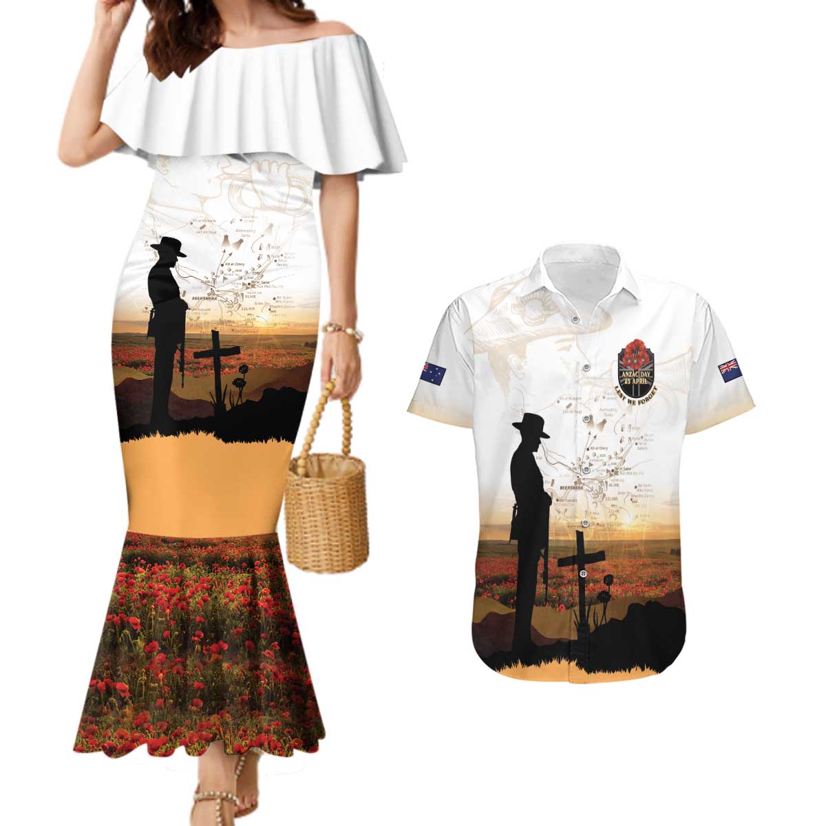 Australia And New Zealand ANZAC Day Couples Matching Mermaid Dress and Hawaiian Shirt Battle Of Beersheba LT05 Beige - Polynesian Pride