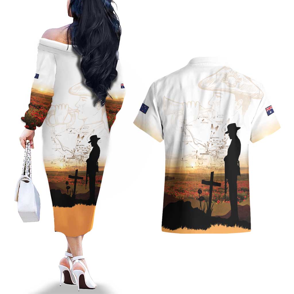 Australia And New Zealand ANZAC Day Couples Matching Off The Shoulder Long Sleeve Dress and Hawaiian Shirt Battle Of Beersheba LT05 - Polynesian Pride