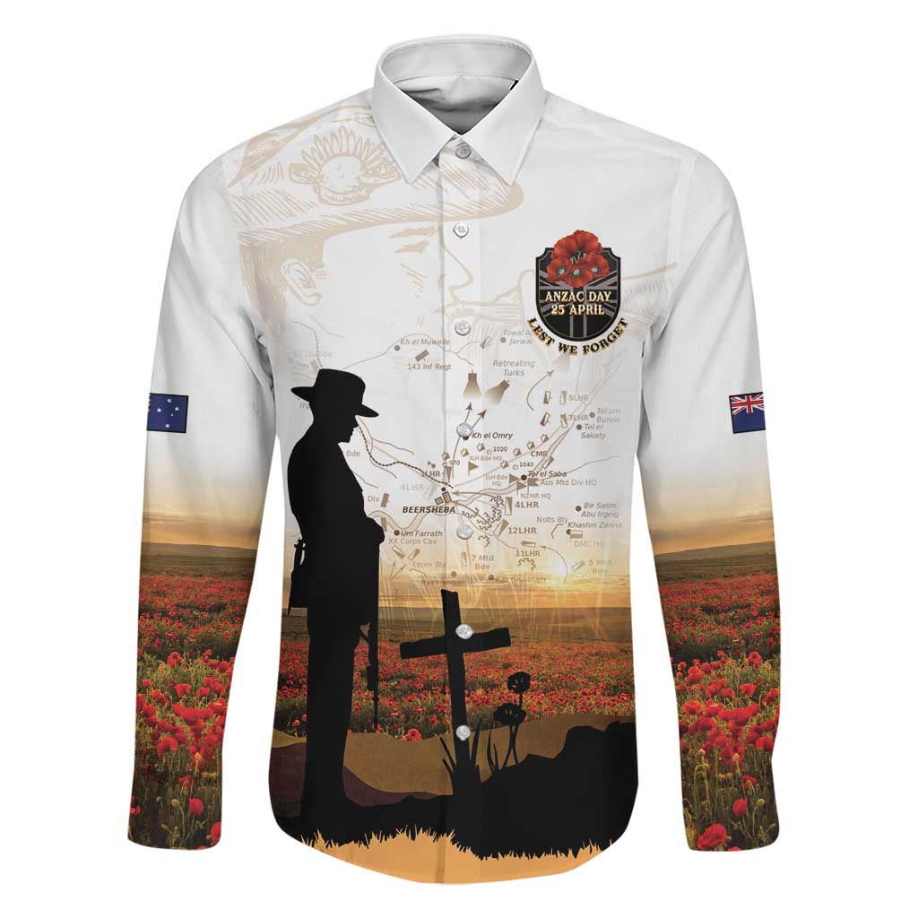 Australia And New Zealand ANZAC Day Family Matching Off The Shoulder Long Sleeve Dress and Hawaiian Shirt Battle Of Beersheba LT05 Dad's Shirt - Long Sleeve Beige - Polynesian Pride