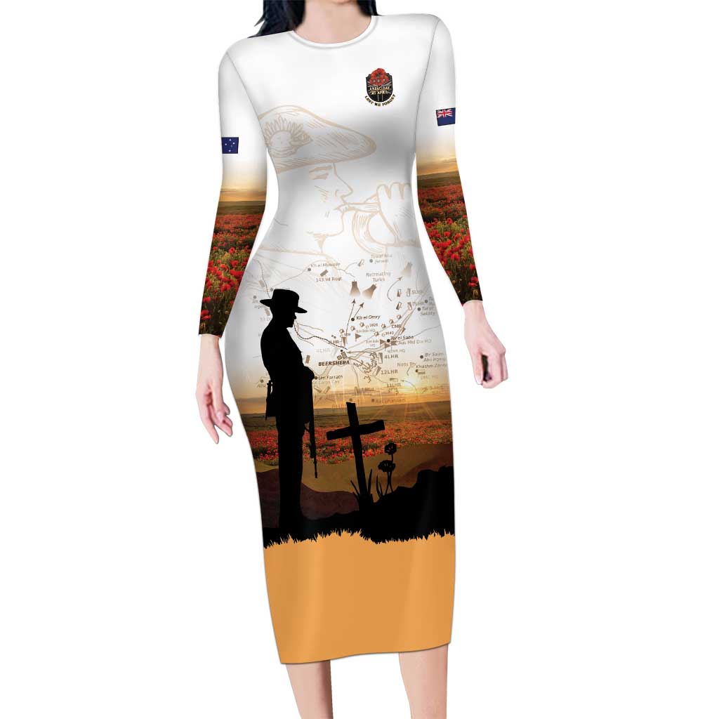 Australia And New Zealand ANZAC Day Long Sleeve Bodycon Dress Battle Of Beersheba LT05 Long Dress Beige - Polynesian Pride
