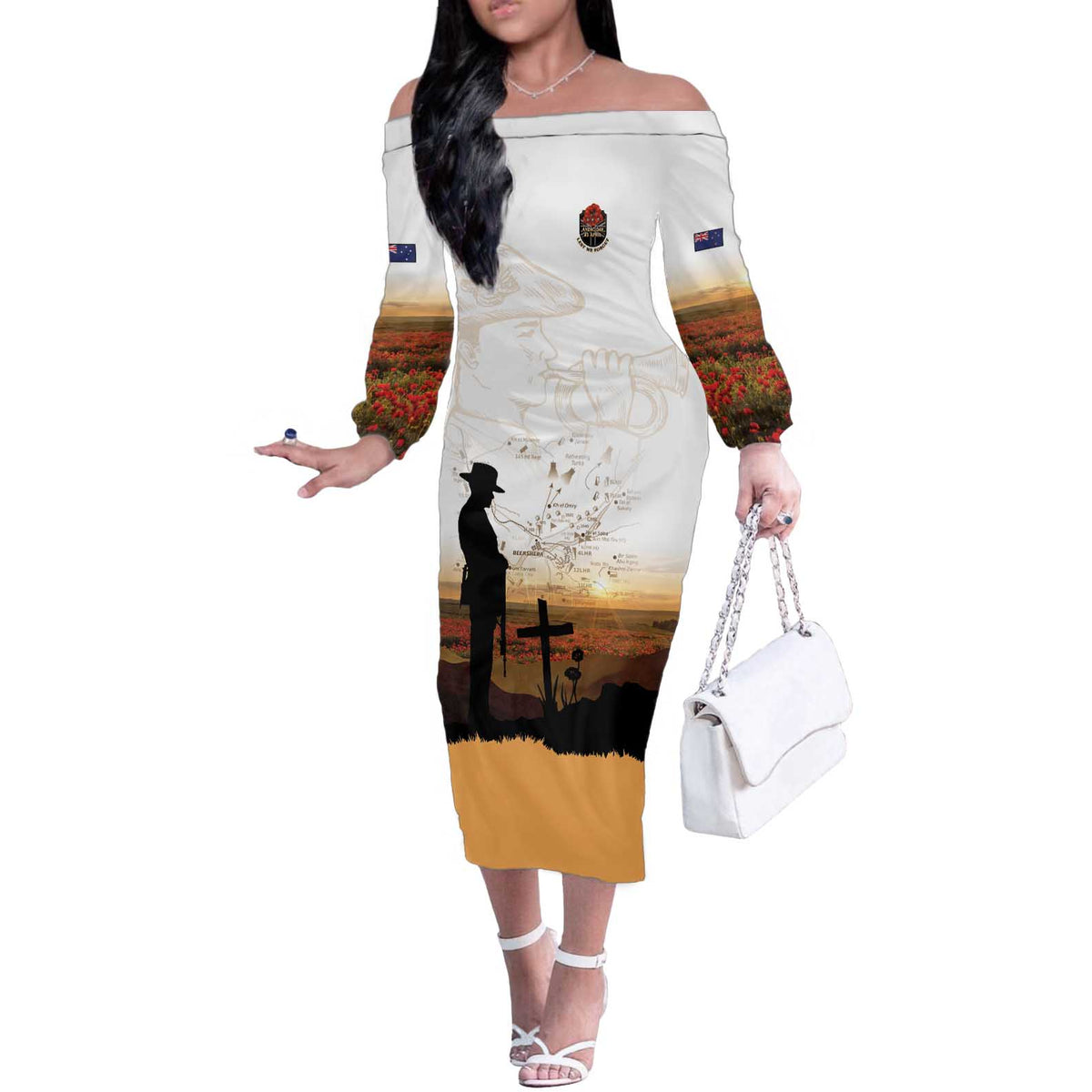 Australia And New Zealand ANZAC Day Off The Shoulder Long Sleeve Dress Battle Of Beersheba LT05 Women Beige - Polynesian Pride