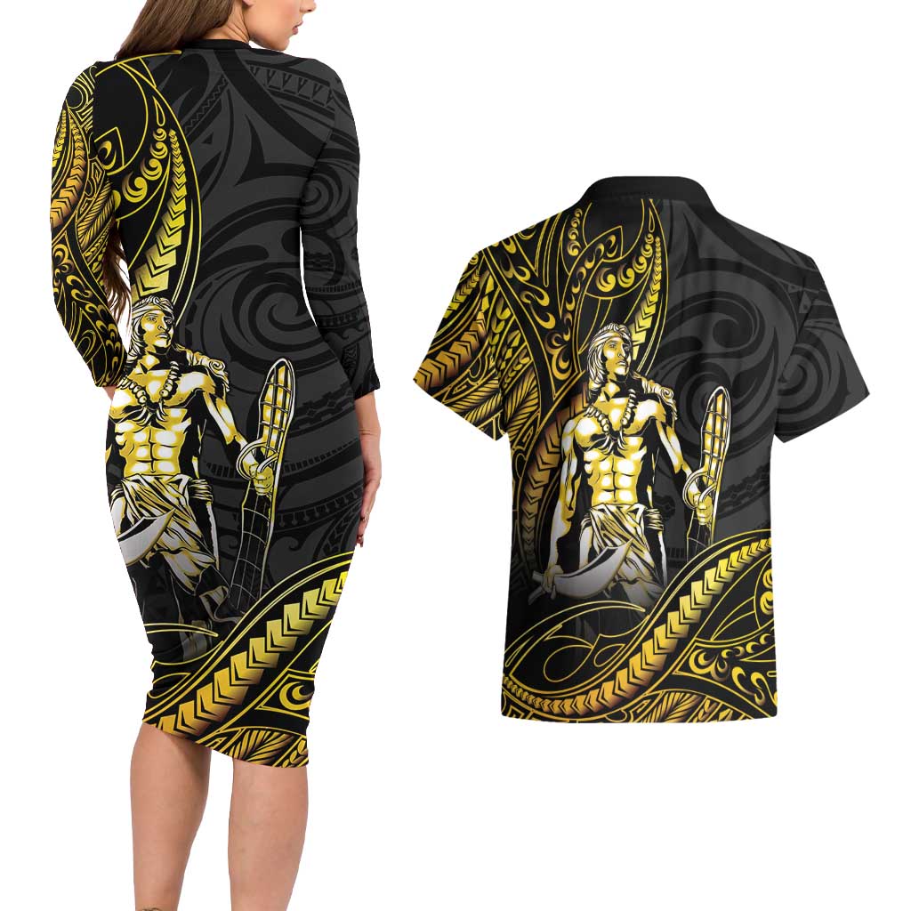 Filipinos Lapu Lapu Hero Couples Matching Long Sleeve Bodycon Dress and Hawaiian Shirt Gold Polynesian Tribal Tattoo LT05 - Polynesian Pride