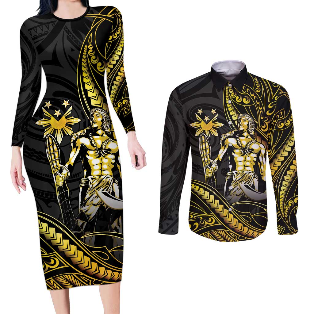 Filipinos Lapu Lapu Hero Couples Matching Long Sleeve Bodycon Dress and Long Sleeve Button Shirt Gold Polynesian Tribal Tattoo LT05 Gold - Polynesian Pride