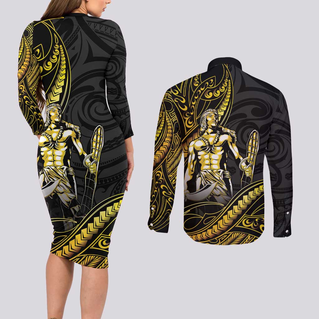 Filipinos Lapu Lapu Hero Couples Matching Long Sleeve Bodycon Dress and Long Sleeve Button Shirt Gold Polynesian Tribal Tattoo LT05 - Polynesian Pride