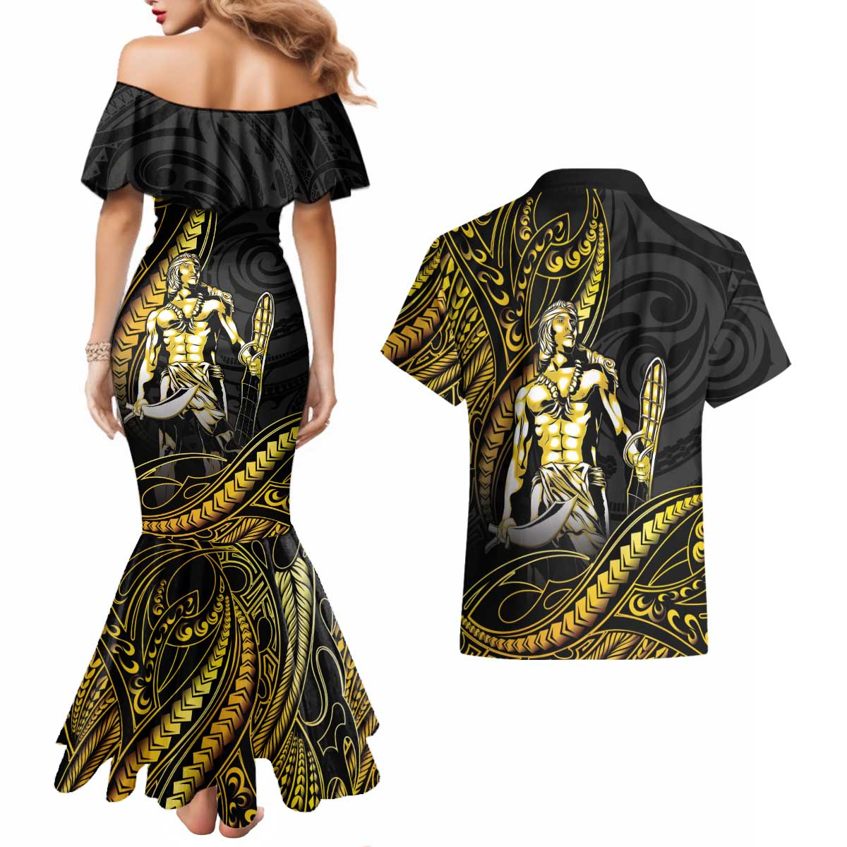 Filipinos Lapu Lapu Hero Couples Matching Mermaid Dress and Hawaiian Shirt Gold Polynesian Tribal Tattoo LT05 - Polynesian Pride