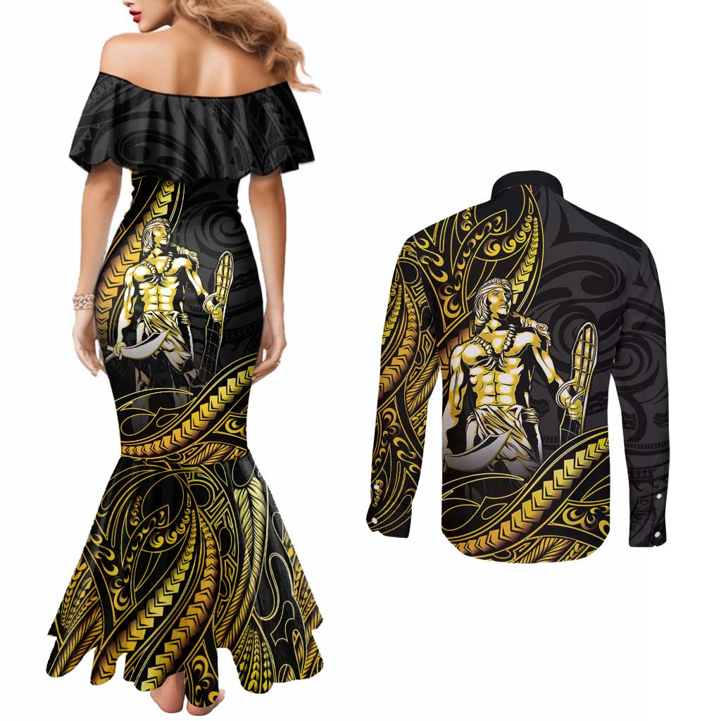 Filipinos Lapu Lapu Hero Couples Matching Mermaid Dress and Long Sleeve Button Shirt Gold Polynesian Tribal Tattoo LT05 - Polynesian Pride