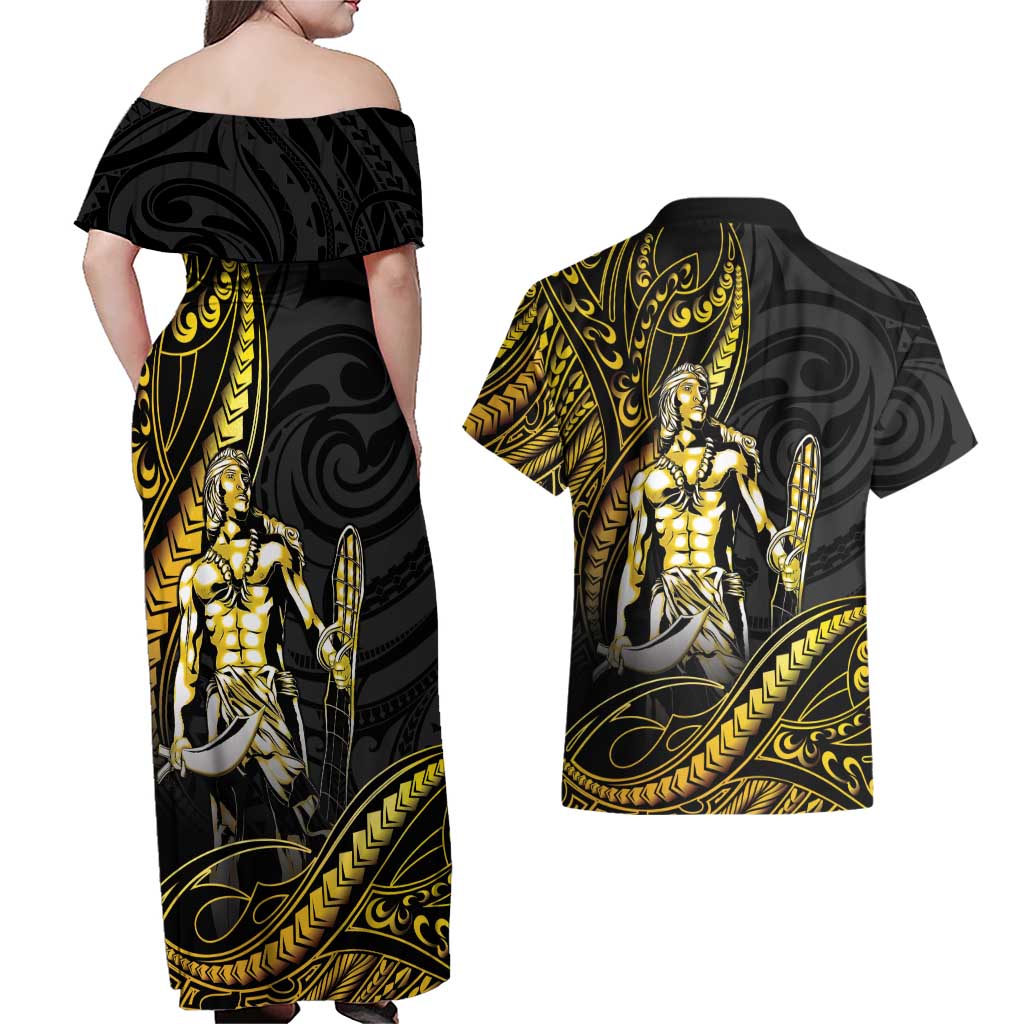 Filipinos Lapu Lapu Hero Couples Matching Off Shoulder Maxi Dress and Hawaiian Shirt Gold Polynesian Tribal Tattoo LT05 - Polynesian Pride