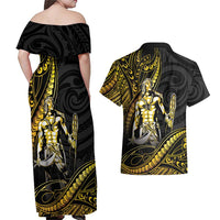 Filipinos Lapu Lapu Hero Couples Matching Off Shoulder Maxi Dress and Hawaiian Shirt Gold Polynesian Tribal Tattoo LT05 - Polynesian Pride