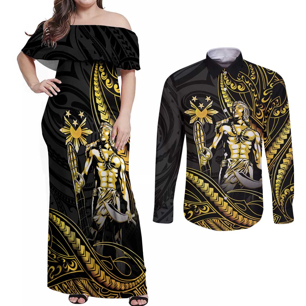 Filipinos Lapu Lapu Hero Couples Matching Off Shoulder Maxi Dress and Long Sleeve Button Shirt Gold Polynesian Tribal Tattoo LT05 Gold - Polynesian Pride