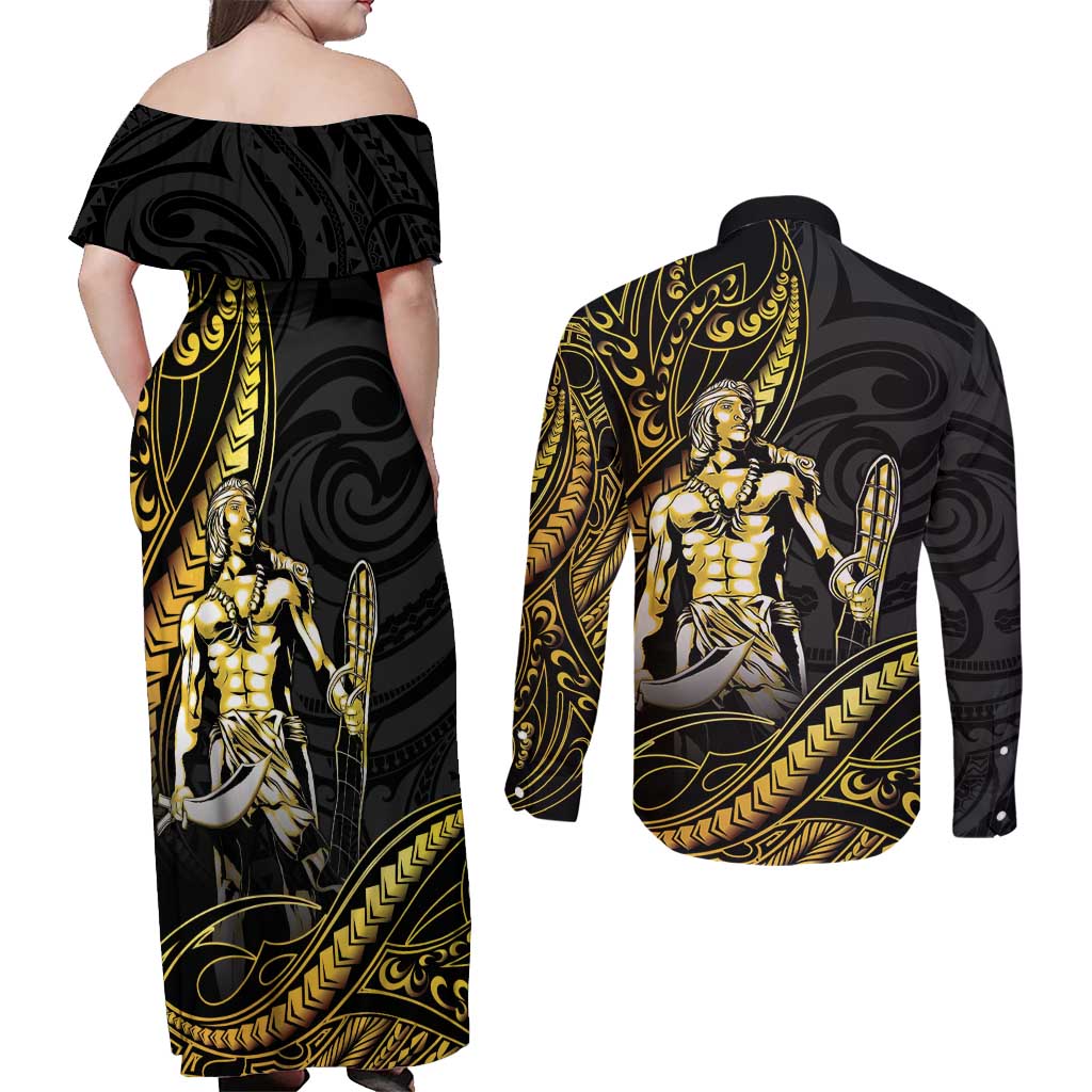 Filipinos Lapu Lapu Hero Couples Matching Off Shoulder Maxi Dress and Long Sleeve Button Shirt Gold Polynesian Tribal Tattoo LT05 - Polynesian Pride