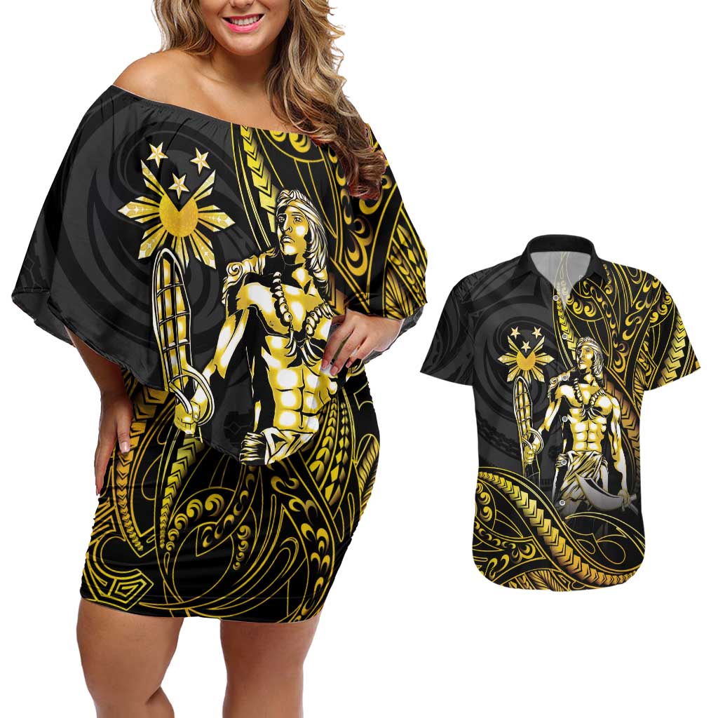 Filipinos Lapu Lapu Hero Couples Matching Off Shoulder Short Dress and Hawaiian Shirt Gold Polynesian Tribal Tattoo LT05 Gold - Polynesian Pride