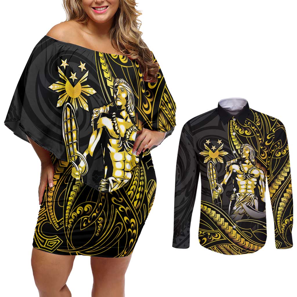 Filipinos Lapu Lapu Hero Couples Matching Off Shoulder Short Dress and Long Sleeve Button Shirt Gold Polynesian Tribal Tattoo LT05 Gold - Polynesian Pride