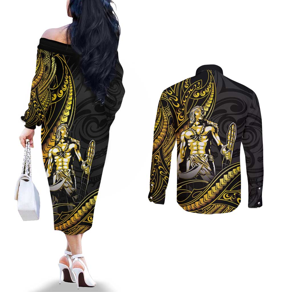 Filipinos Lapu Lapu Hero Couples Matching Off The Shoulder Long Sleeve Dress and Long Sleeve Button Shirt Gold Polynesian Tribal Tattoo LT05 - Polynesian Pride